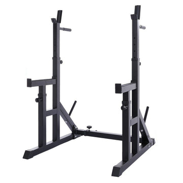 Heavy-Duty Adjustable Squat Rack with Bench Press Support – Steel Barbell Stand, Built-In Dip Handles & Spotter Arms for Compact Home Gym Strength Training