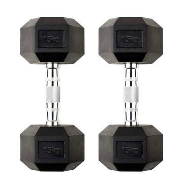 Home Gym Hex Dumbbell Set – 2 x 15kg Hex Rubber Coated Weights with Cast Iron Core, Anti Roll Design & Chrome Grip Handles for Strength & Fitness Training