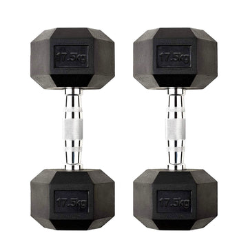 Pair of 17.5kg Rubber Hex Dumbbells – Heavy Duty Cast Iron with Chrome Knurled Handles – Anti Roll Weights for Home Gym & Full Body Strength Workouts