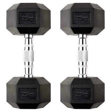 Rubber Coated Cast Iron Hex Dumbbells 25kg Set – Anti Roll Design with Knurled Chrome Handles for Home Gym Strength and Weight Training
