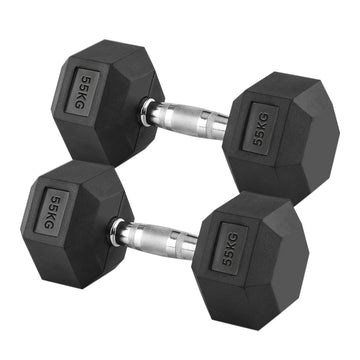 Anti Roll 55kg Hex Dumbbells – Pair of Rubber Coated Dumbbells with Knurled Chrome Handles – 2 x 55kg for Elite Home Gym Strength Training
