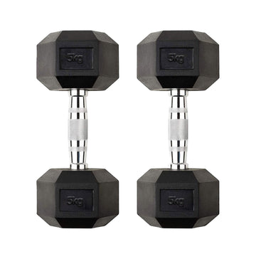 Rubber Coated Hex Dumbbell Pair of 5 kg – Anti Roll Cast Iron Heads, Knurled Chrome Handles – Perfect for Toning & Strength Training in Home Gyms