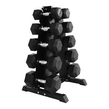 Premium 5-Pair Hex Dumbbell Set 2.5kg–25kg with Optional Tier 5 Rack – Rubber-Coated Anti-Roll Weights & Vertical Tree Stand for Home & Studio Strength Training