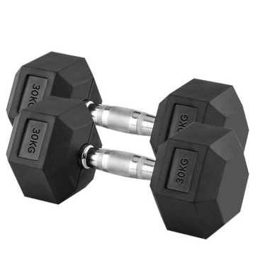 30kg Rubber Coated Hex Dumbbell Set – Anti Roll Heads & Knurled Chrome Handles for Strength Training – Pair of 2 x 30kg Free Weights for Home Gym