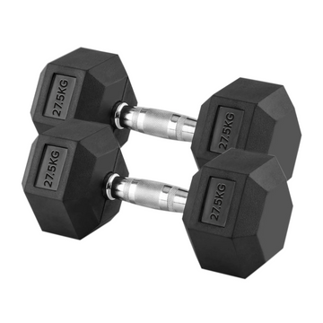 27.5kg Hex Dumbbell Pair with Knurled Chrome Handles – Rubber Coated Anti Roll Weights – 2 x 27.5kg for Strength Training – Home Gym Dumbbell Pair UK