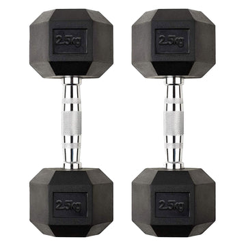 2.5kg Rubber Coated Cast Iron Hex Dumbbell Pair – Anti Roll Design & Chrome Handles – Beginner Weights for Toning, Rehab & Home Gym Training