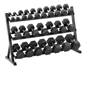 Full 11-Pair Hex Dumbbell Set 2.5kg–30kg with Optional 3-Tier Rack – Rubber-Coated Anti-Roll Weights and Ergonomic Handles for Home and Studio Strength Training