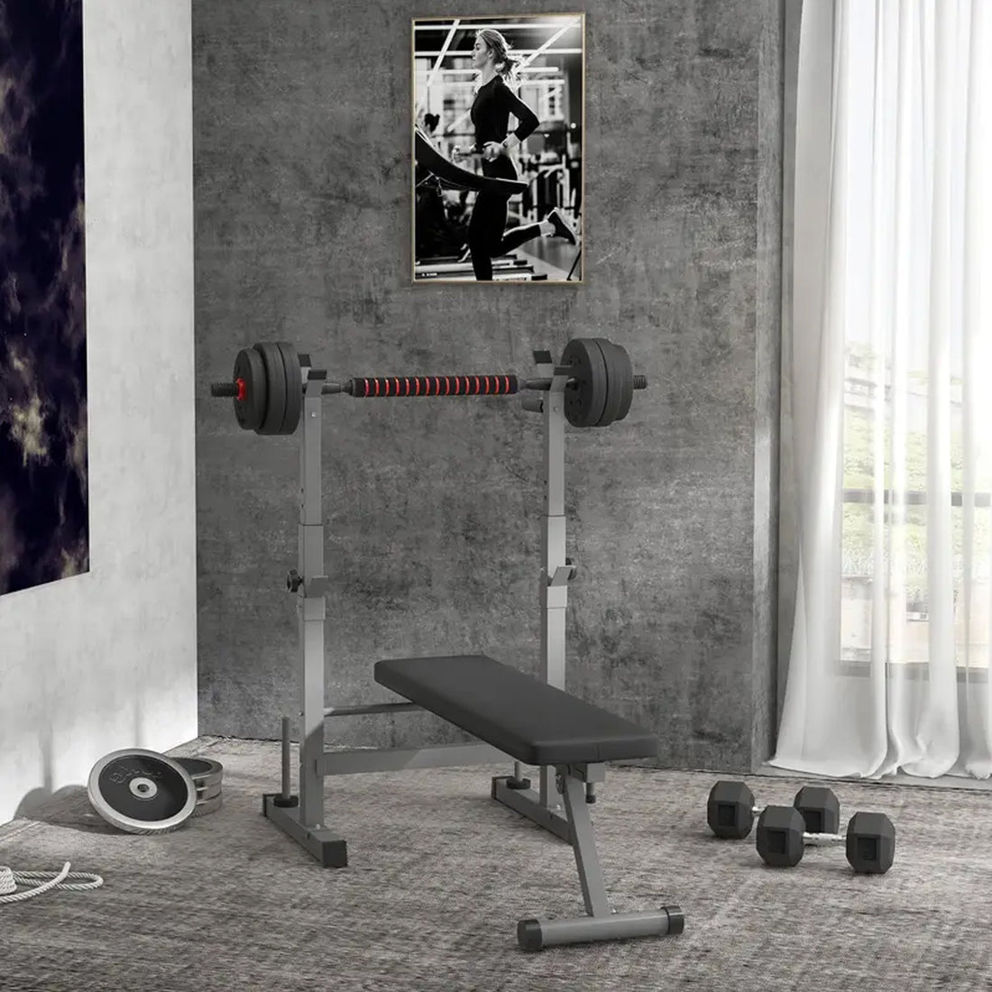 Foldable Adjustable Weight Bench with Barbell Rack & Dip Station – Heavy-Duty Steel Frame, Multi-Level Design for Strength Training in Home Gyms & Small Spaces