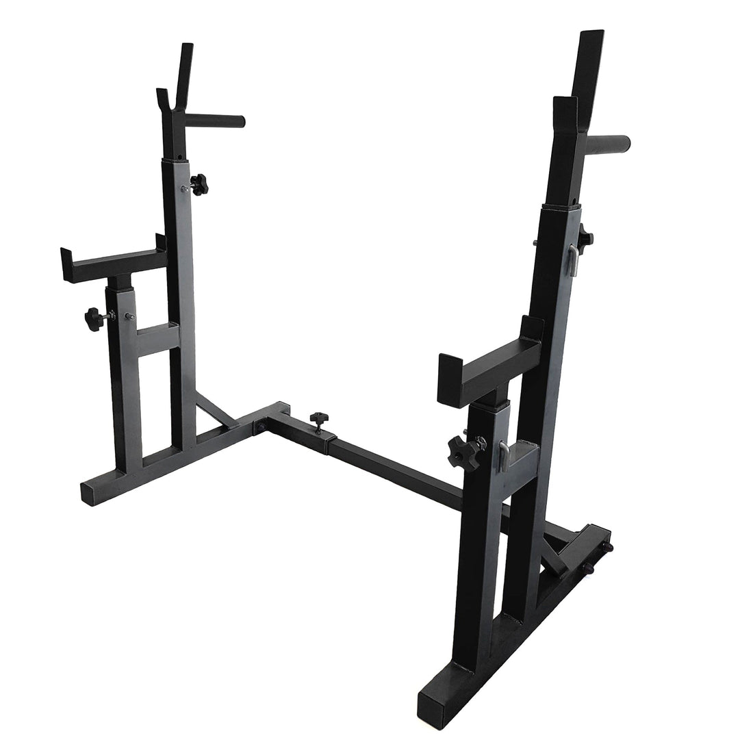 Heavy-Duty Adjustable Squat Rack with Bench Press Support – Steel Barbell Stand, Built-In Dip Handles & Spotter Arms for Compact Home Gym Strength Training