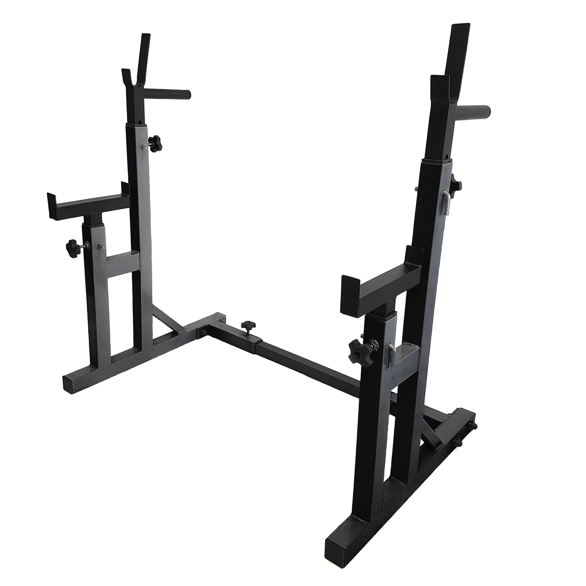 Heavy-Duty Adjustable Squat Rack with Bench Press Support – Steel Barbell Stand, Built-In Dip Handles & Spotter Arms for Compact Home Gym Strength Training