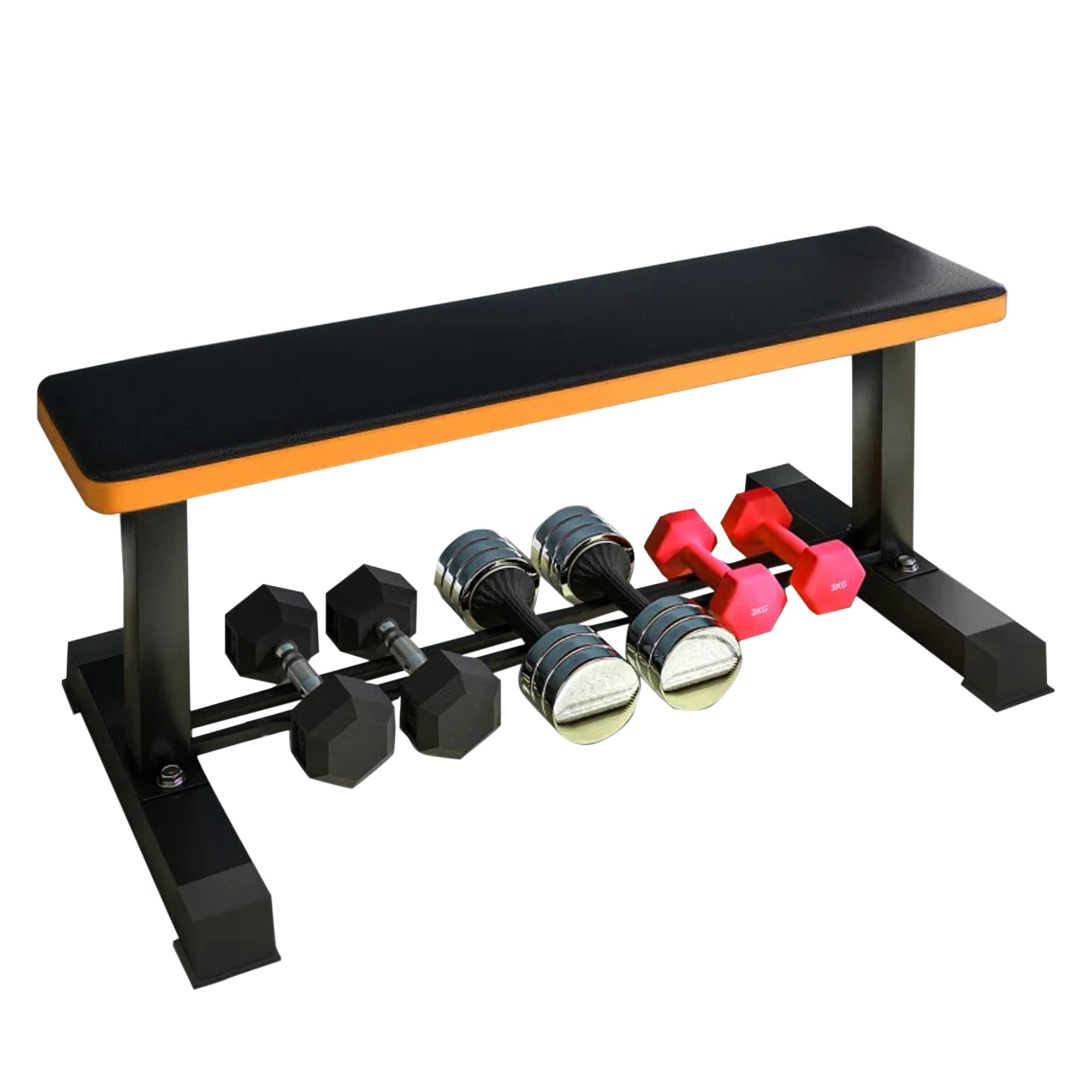 Flat Weight Bench with Built-In Dumbbell Rack – 600 lb Load, Heavy-Duty Steel Frame, Compact Workout Bench for Home Strength Training Spaces
