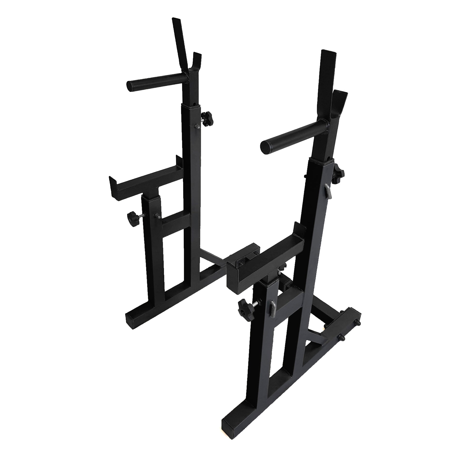 Heavy-Duty Adjustable Squat Rack with Bench Press Support – Steel Barbell Stand, Built-In Dip Handles & Spotter Arms for Compact Home Gym Strength Training