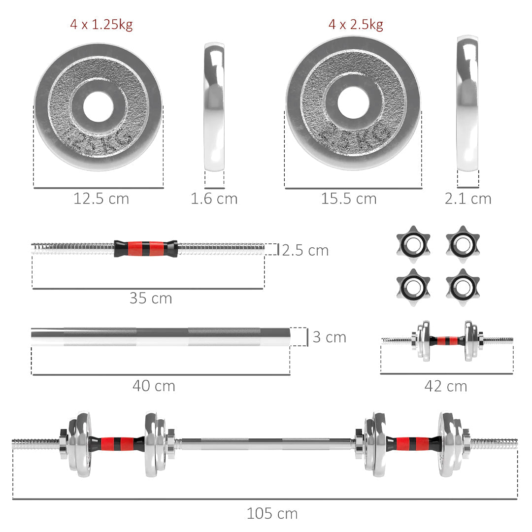 20kg 2-in-1 Dumbbell Barbell Set – Adjustable Cast Iron Weights with Chrome Handles for Home Strength Training & Small Space Gym Setups