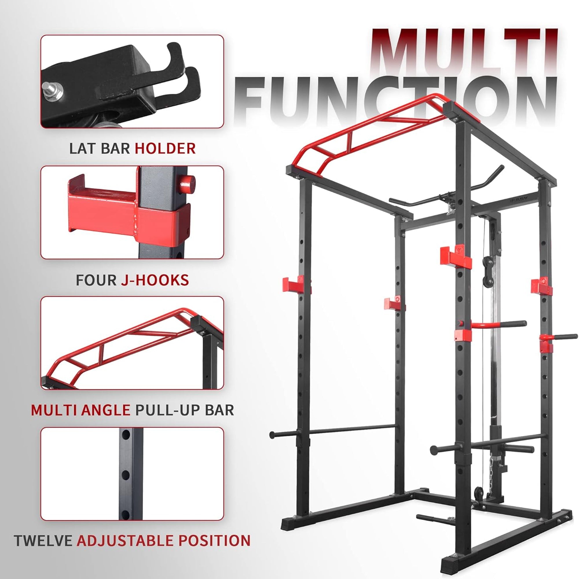 Heavy-Duty Adjustable Power Rack with Lat Pulley & Pull-Up Bar – All-in-One Strength Cage for Full-Body Training in Home Gyms