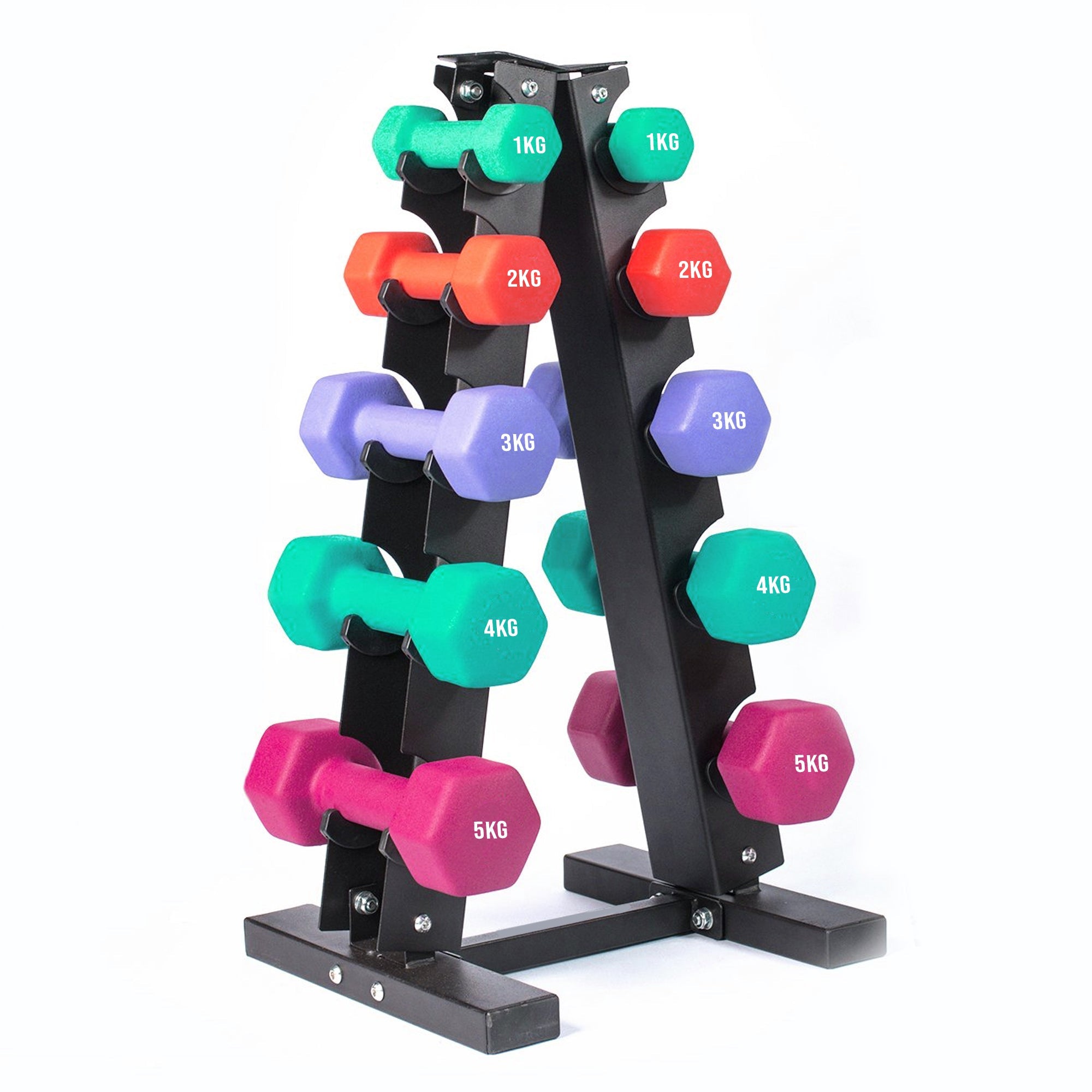 Compact Neoprene Dumbbell Rack – 3/5 Tier Vertical Steel Stand for Vinyl & Neoprene Weights – Home Gym Space-Saving Storage Solution