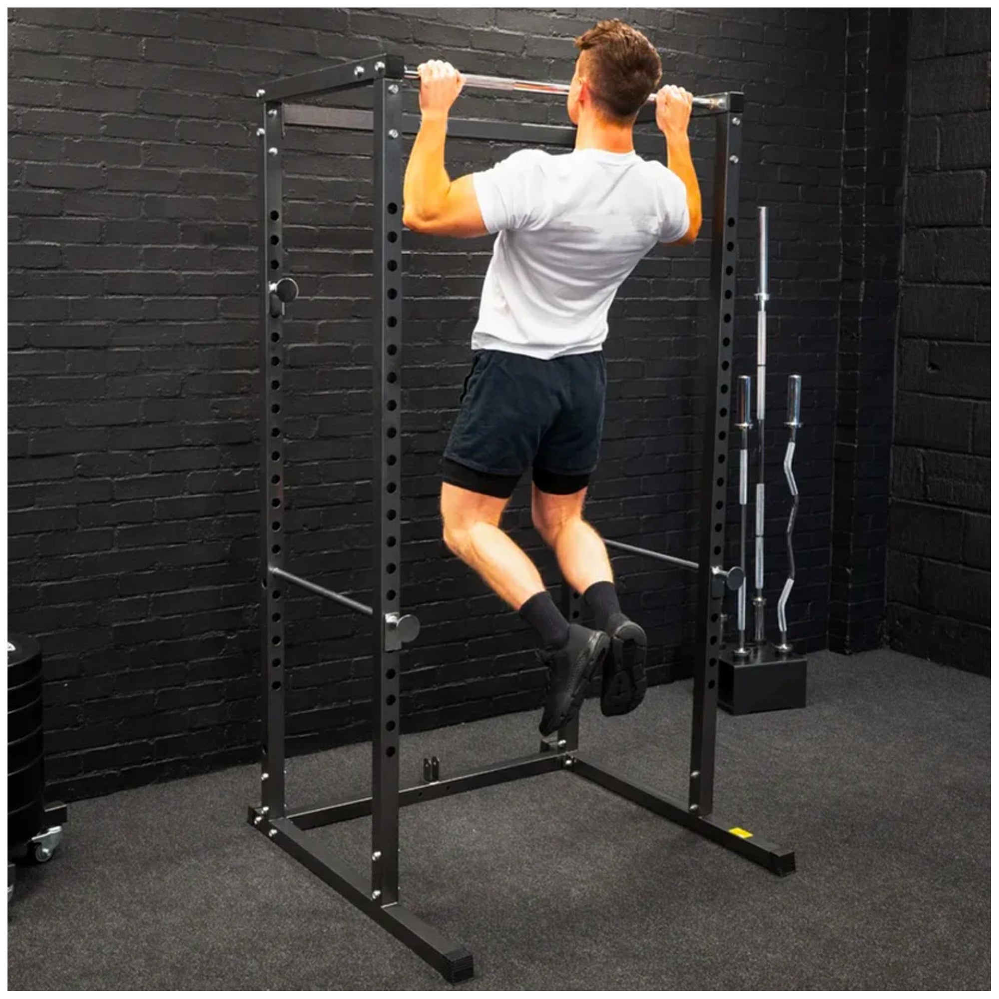 Heavy-Duty Power Rack Cage with Multi-Grip Pull-Up Bar, Adjustable J-Cups & Safety Spotter Arms – Full-Body Strength Training for Compact Home Gyms