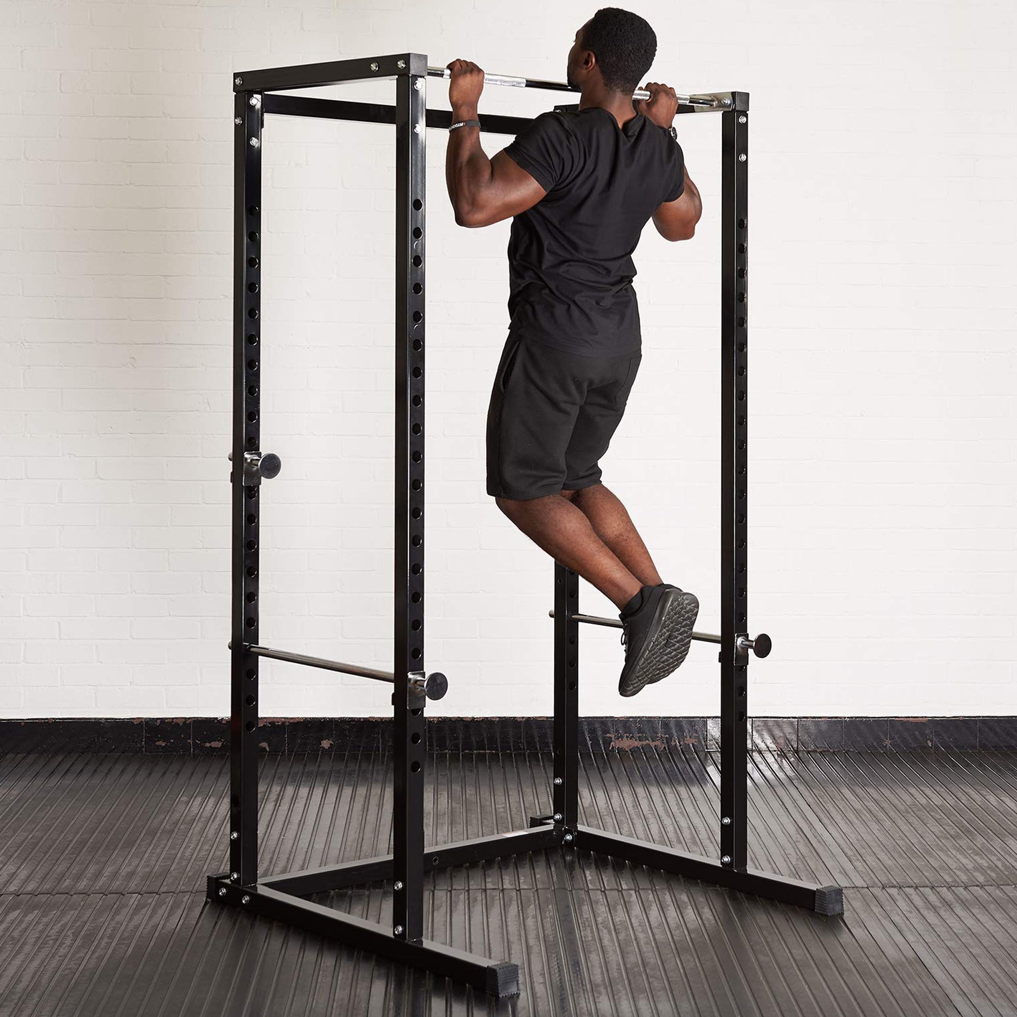 Heavy-Duty Power Rack Cage with Multi-Grip Pull-Up Bar, Adjustable J-Cups & Safety Spotter Arms – Full-Body Strength Training for Compact Home Gyms