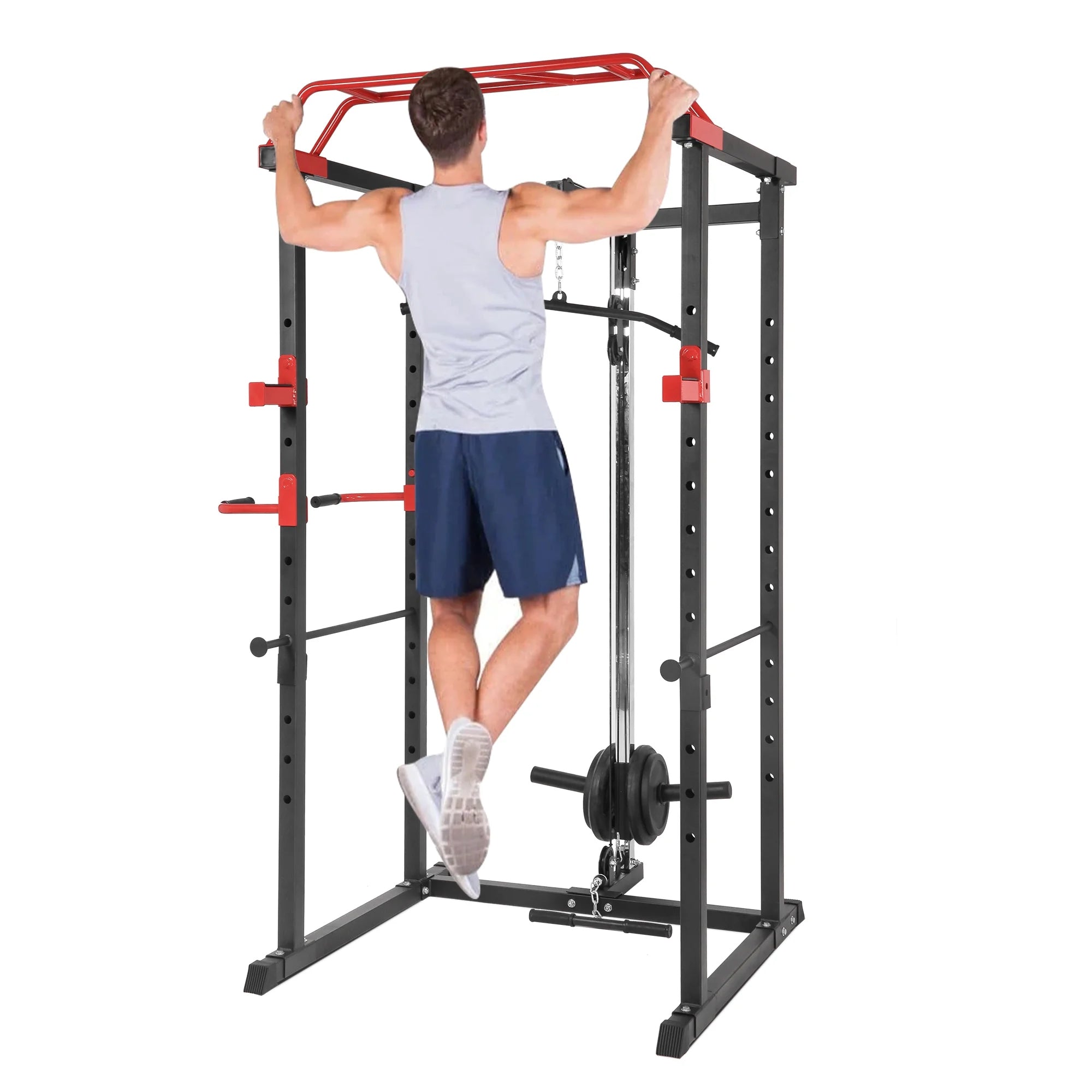 Heavy-Duty Adjustable Power Rack with Lat Pulley & Pull-Up Bar – All-in-One Strength Cage for Full-Body Training in Home Gyms