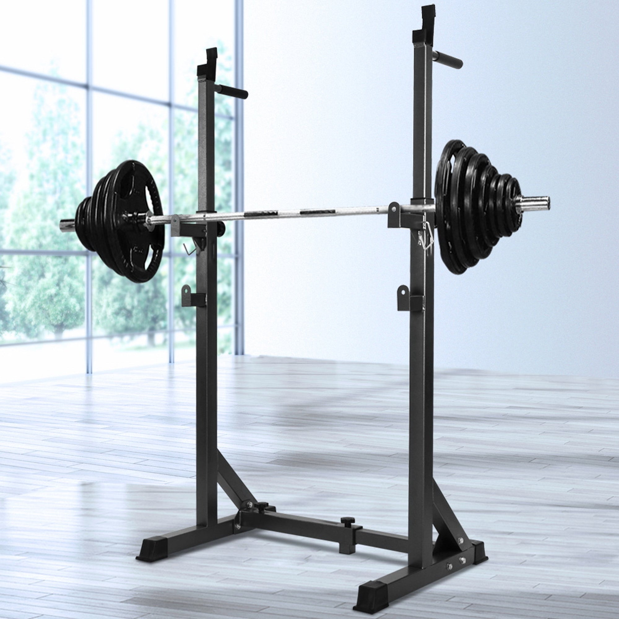 Adjustable Steel Half Squat Rack with Dip Handles & Safety Spotters – 200KG Load Capacity for Compact Home Gym Strength Workouts