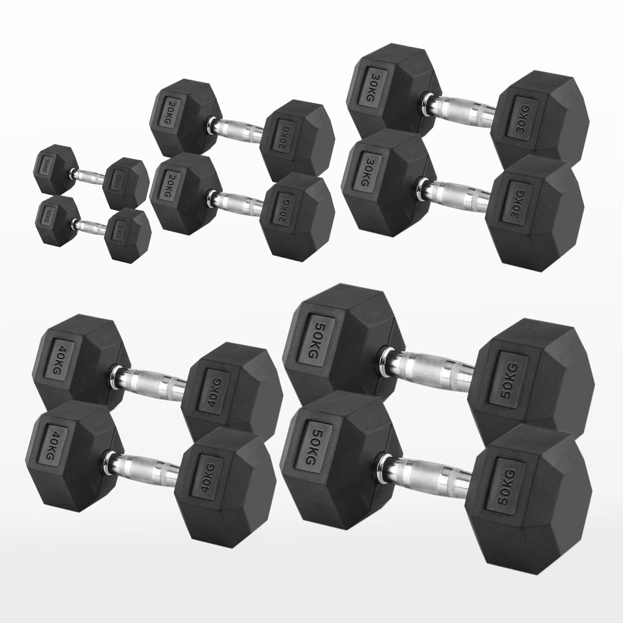 Hex Dumbbells 2.5 kg–60 kg Pairs & Sets – Rubber‑Coated Anti‑Roll Weights with Knurled Chrome Handles – Complete Strength Training Range for Home & Studio Gym