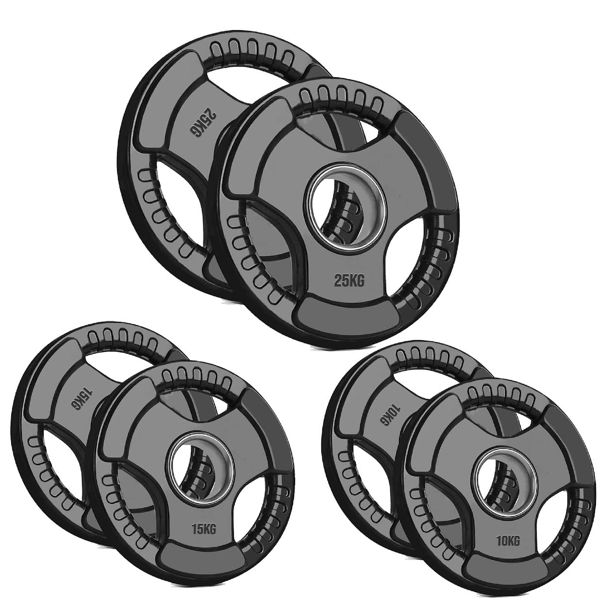 Olympic Weight Plates with Tri-Grip – Cast Iron Core, Black Rubber Coating, 2” Center Hole, Ergonomic Design for Home Gym Strength Workouts