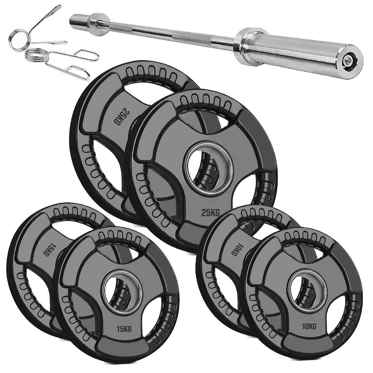 Olympic Weight Plates with Tri-Grip – Cast Iron Core, Black Rubber Coating, 2” Center Hole, Ergonomic Design for Home Gym Strength Workouts