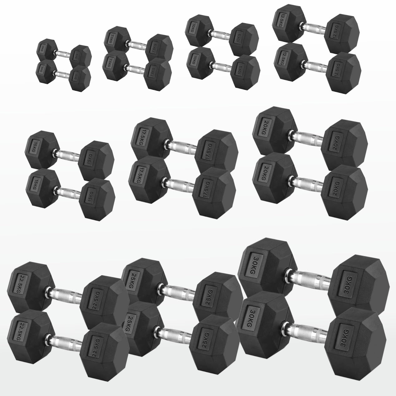Hex Dumbbells 2.5 kg–60 kg Pairs & Sets – Rubber‑Coated Anti‑Roll Weights with Knurled Chrome Handles – Complete Strength Training Range for Home & Studio Gym