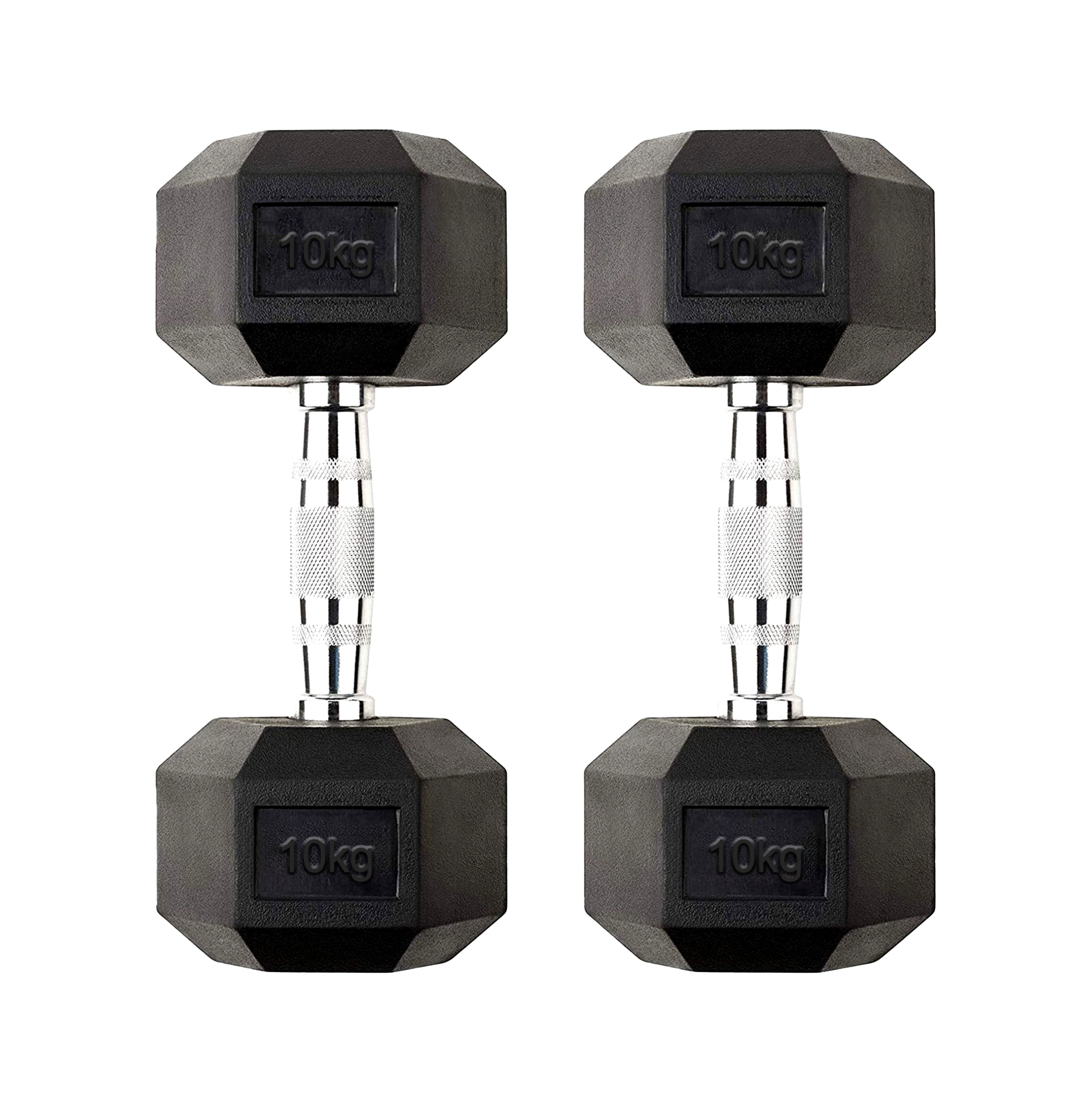 10 kg Rubber Coated Hex Dumbbell Pair – Cast Iron, Anti Roll Design, Knurled Chrome Handles for Home Strength Training