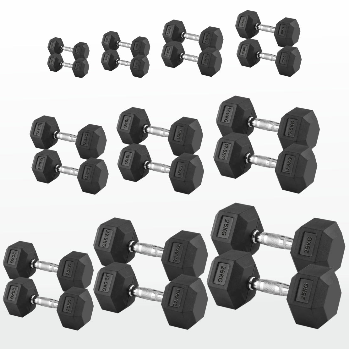 Hex Dumbbells 2.5 kg–60 kg Pairs & Sets – Rubber‑Coated Anti‑Roll Weights with Knurled Chrome Handles – Complete Strength Training Range for Home & Studio Gym