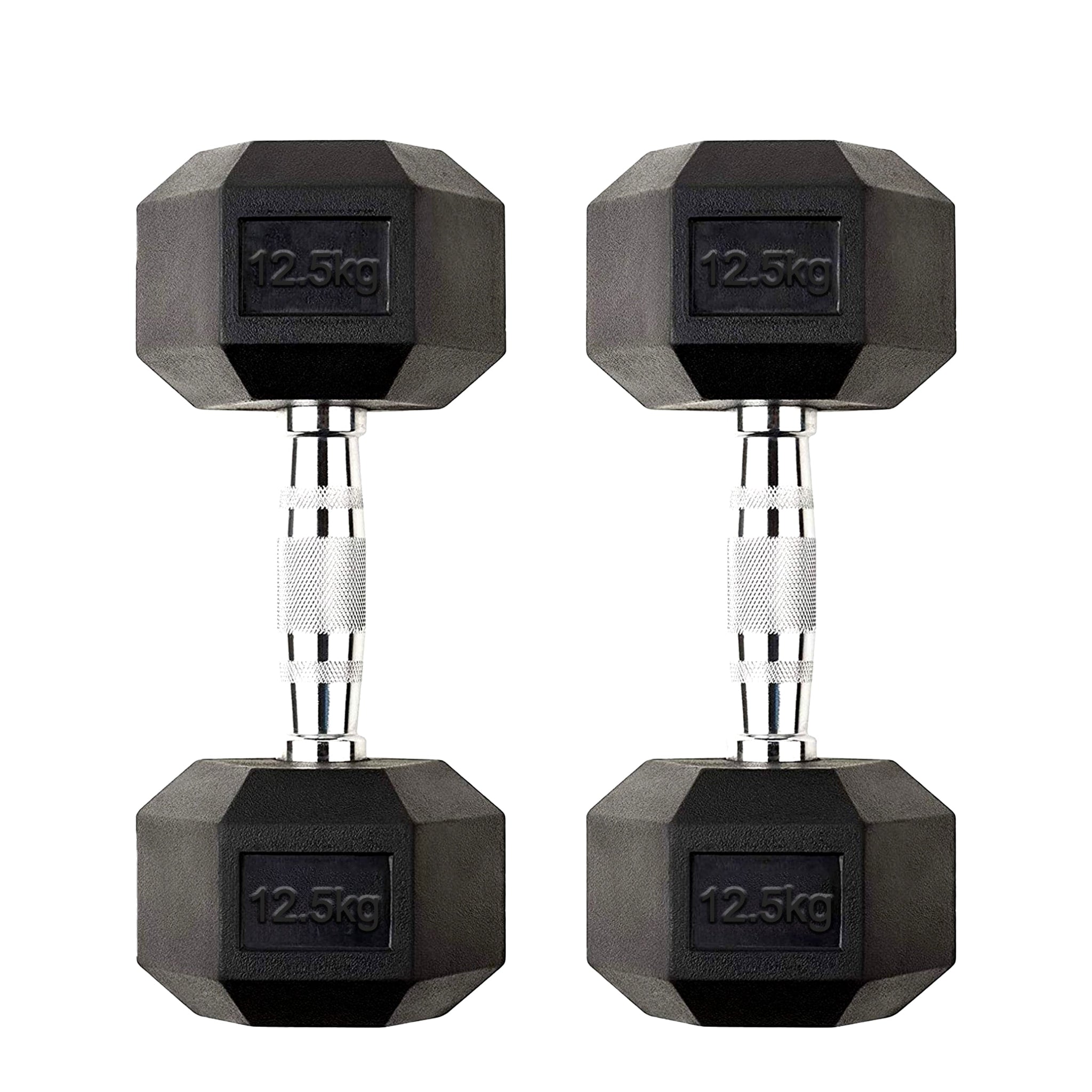 12.5kg Free Weight Hex Dumbbells – Rubber Coated Head with Chrome Grip Handles – Anti Roll Strength Training Weights for Home Gym UK