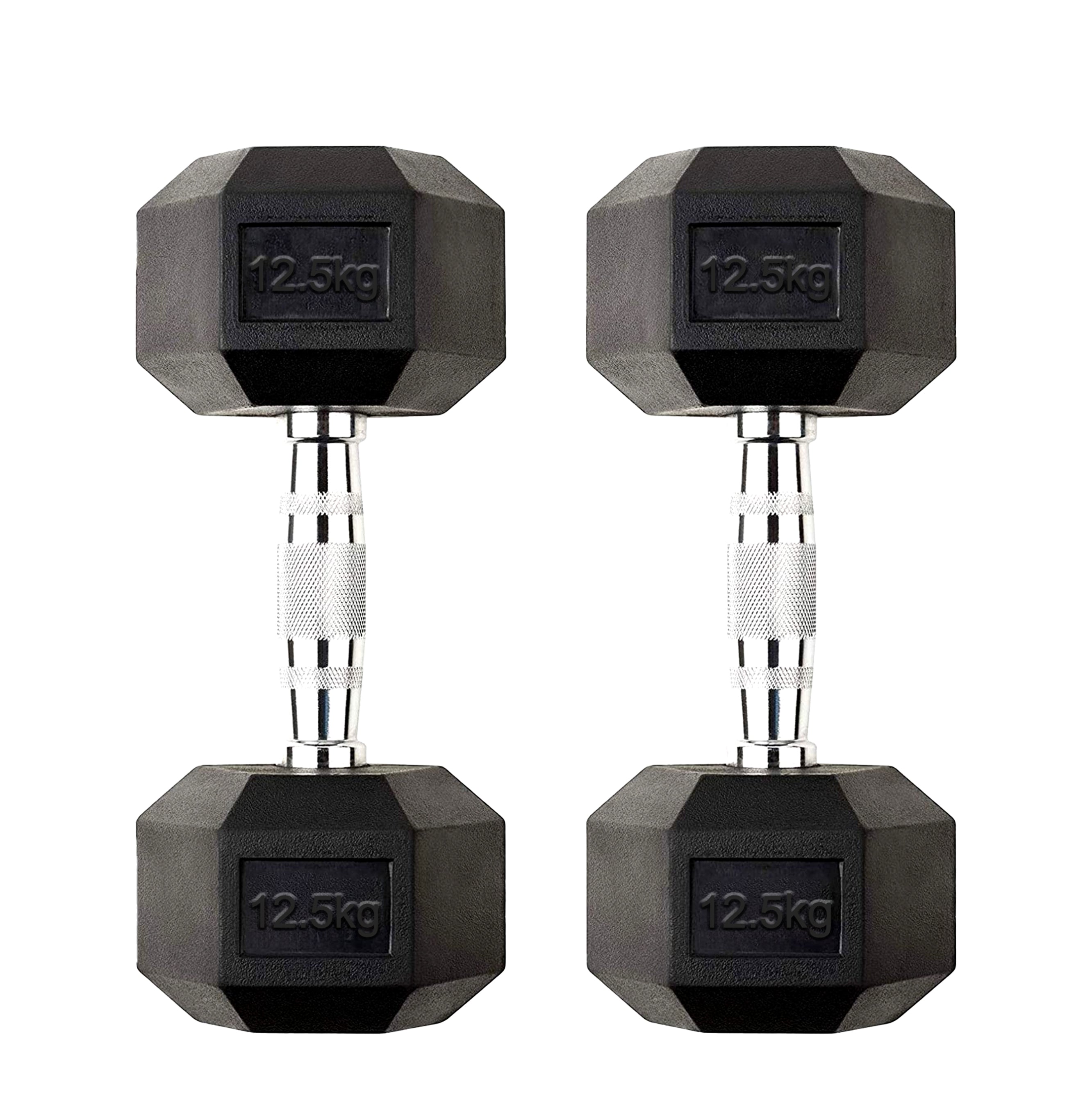 12.5kg Free Weight Hex Dumbbells – Rubber Coated Head with Chrome Grip Handles – Anti Roll Strength Training Weights for Home Gym UK