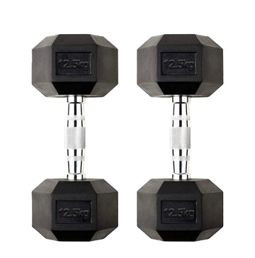 12.5kg Free Weight Hex Dumbbells – Rubber Coated Head with Chrome Grip Handles – Anti Roll Strength Training Weights for Home Gym UK