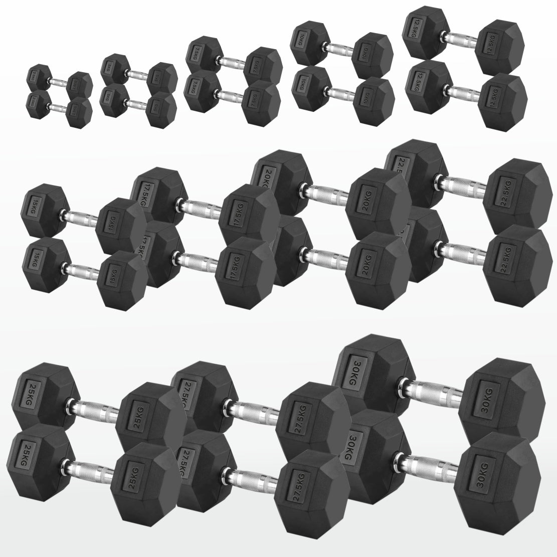 Hex Dumbbells 2.5 kg–60 kg Pairs & Sets – Rubber‑Coated Anti‑Roll Weights with Knurled Chrome Handles – Complete Strength Training Range for Home & Studio Gym