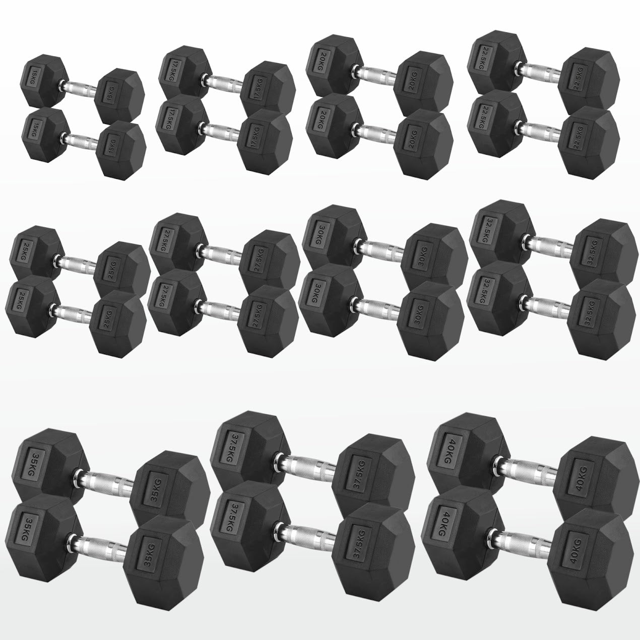 Hex Dumbbells 2.5 kg–60 kg Pairs & Sets – Rubber‑Coated Anti‑Roll Weights with Knurled Chrome Handles – Complete Strength Training Range for Home & Studio Gym