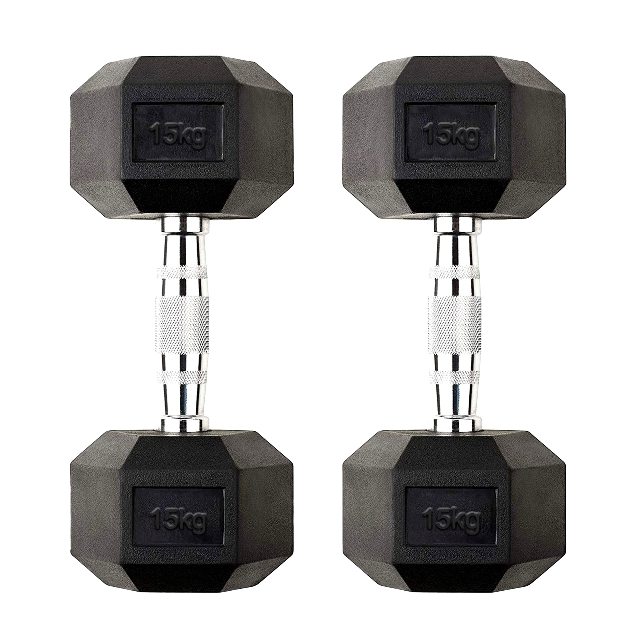 Home Gym Hex Dumbbell Set – 2 x 15kg Hex Rubber Coated Weights with Cast Iron Core, Anti Roll Design & Chrome Grip Handles for Strength & Fitness Training