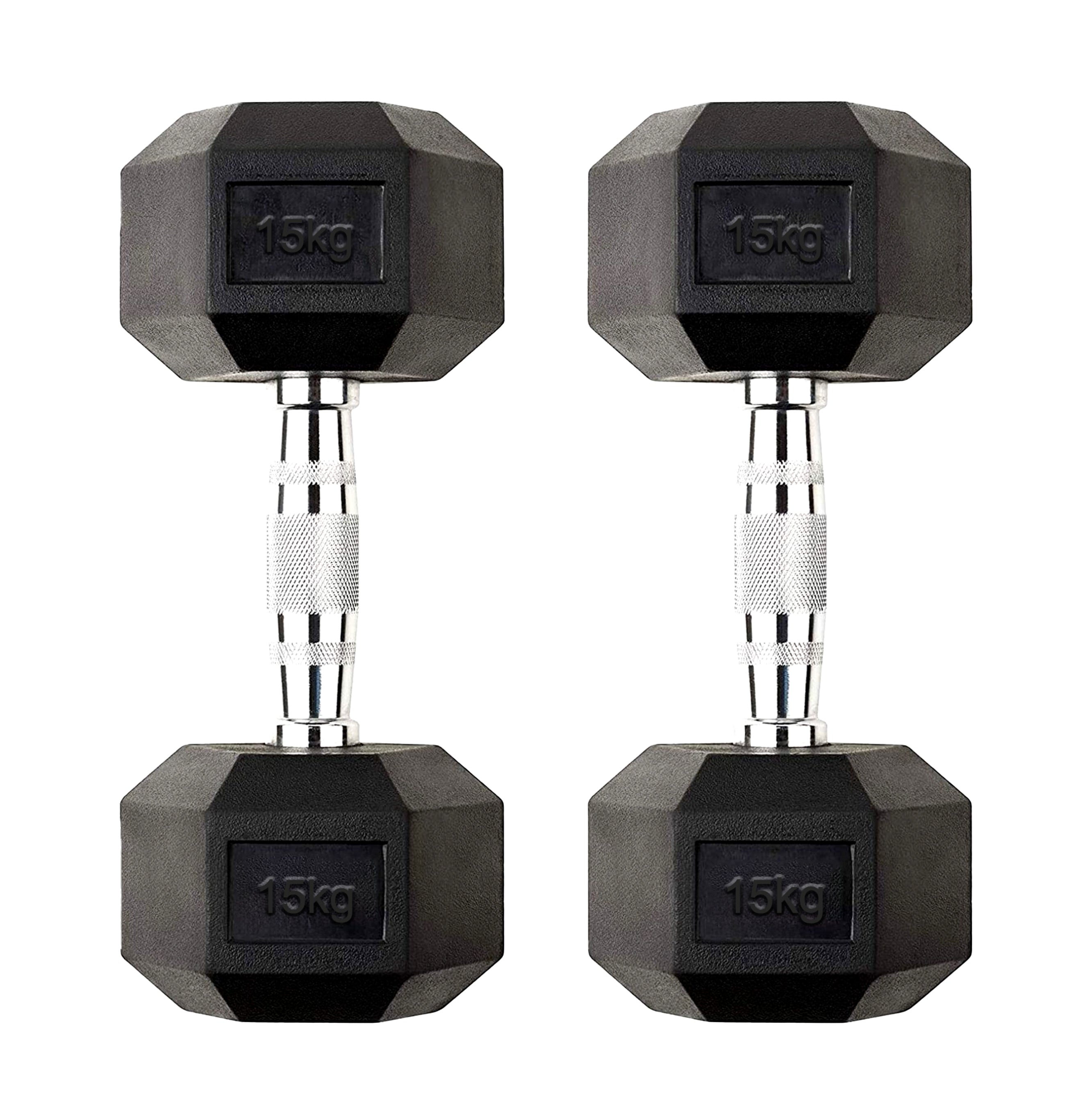Home Gym Hex Dumbbell Set – 2 x 15kg Hex Rubber Coated Weights with Cast Iron Core, Anti Roll Design & Chrome Grip Handles for Strength & Fitness Training