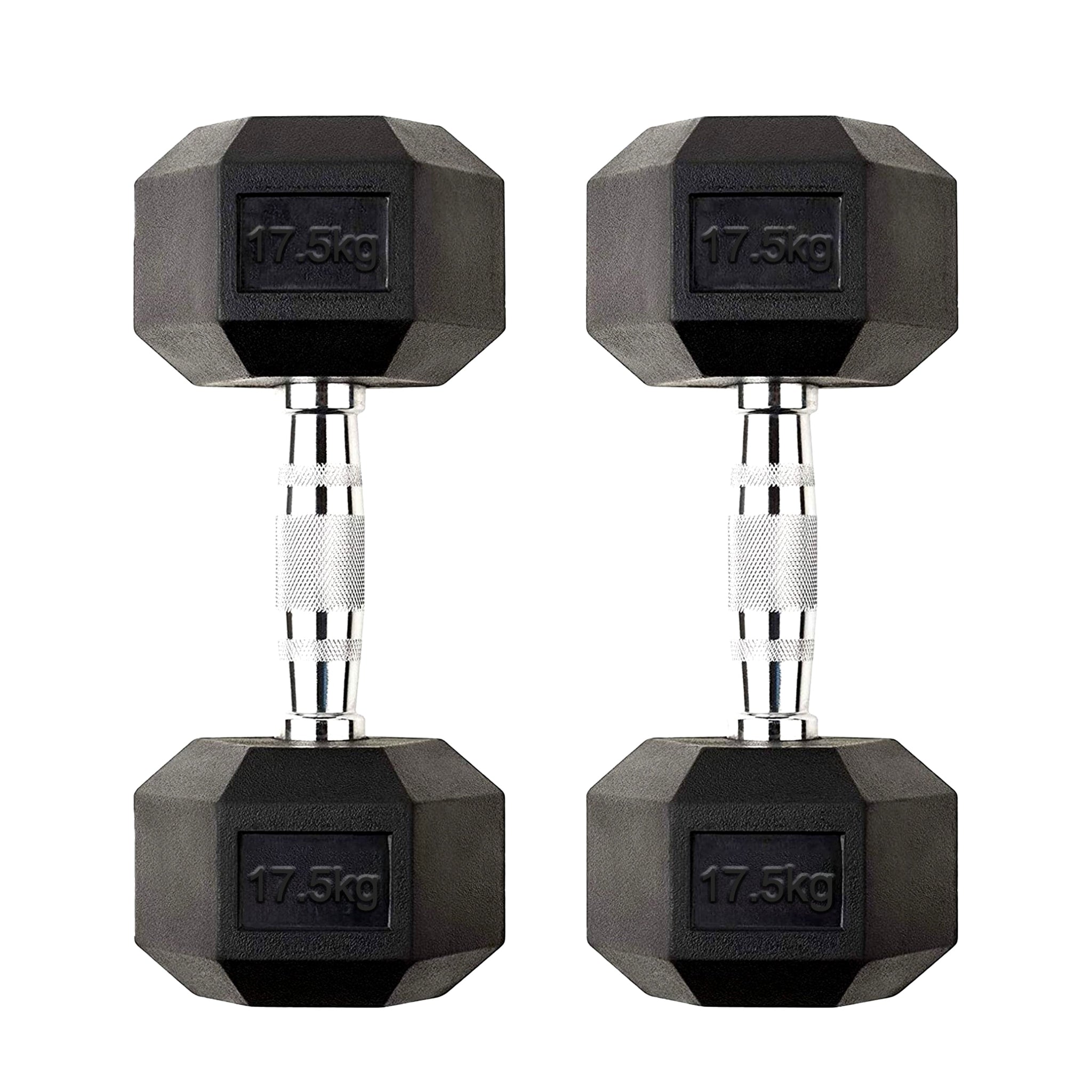 Pair of 17.5kg Rubber Hex Dumbbells – Heavy Duty Cast Iron with Chrome Knurled Handles – Anti Roll Weights for Home Gym & Full Body Strength Workouts