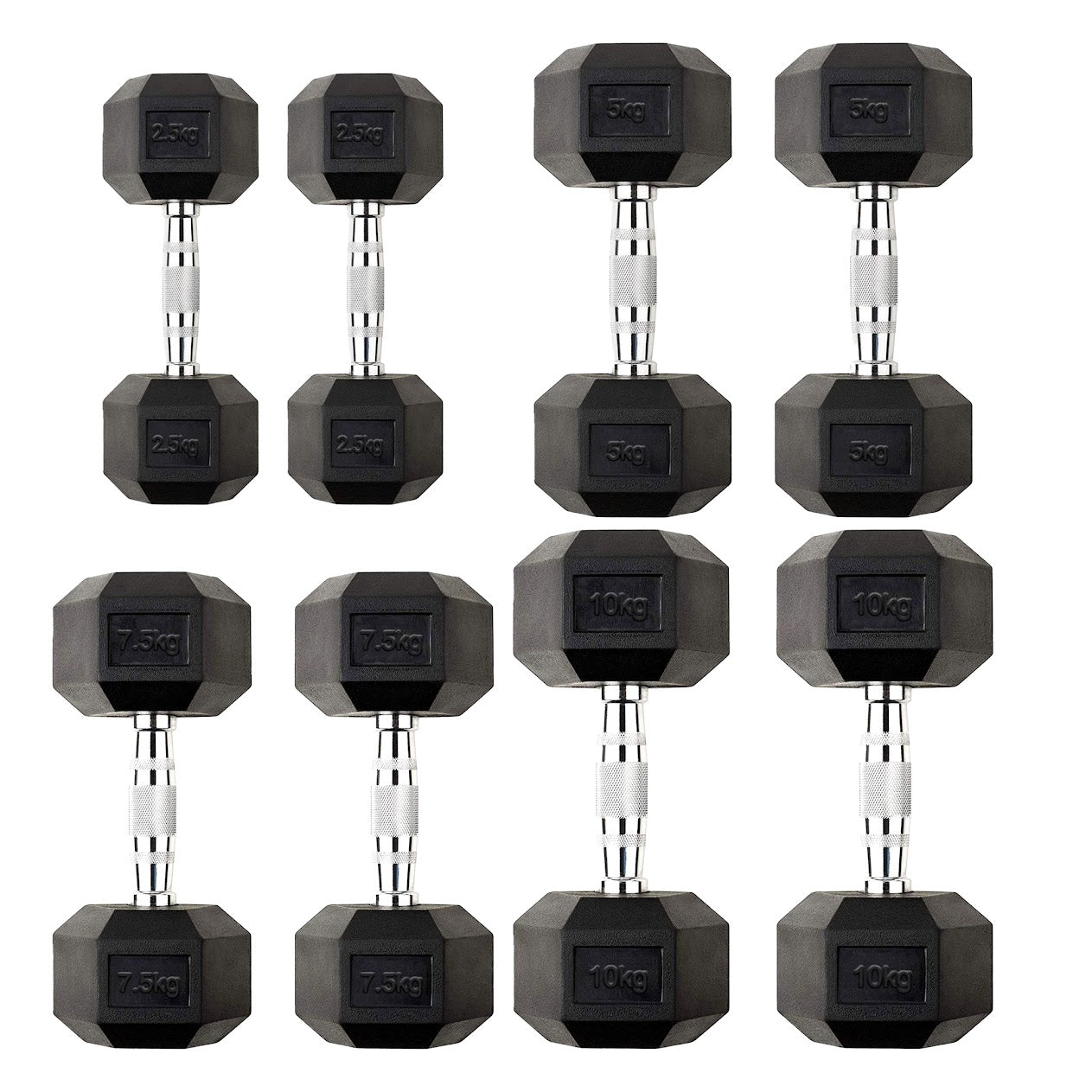 Hex Dumbbells 2.5 kg–60 kg Pairs & Sets – Rubber‑Coated Anti‑Roll Weights with Knurled Chrome Handles – Complete Strength Training Range for Home & Studio Gym