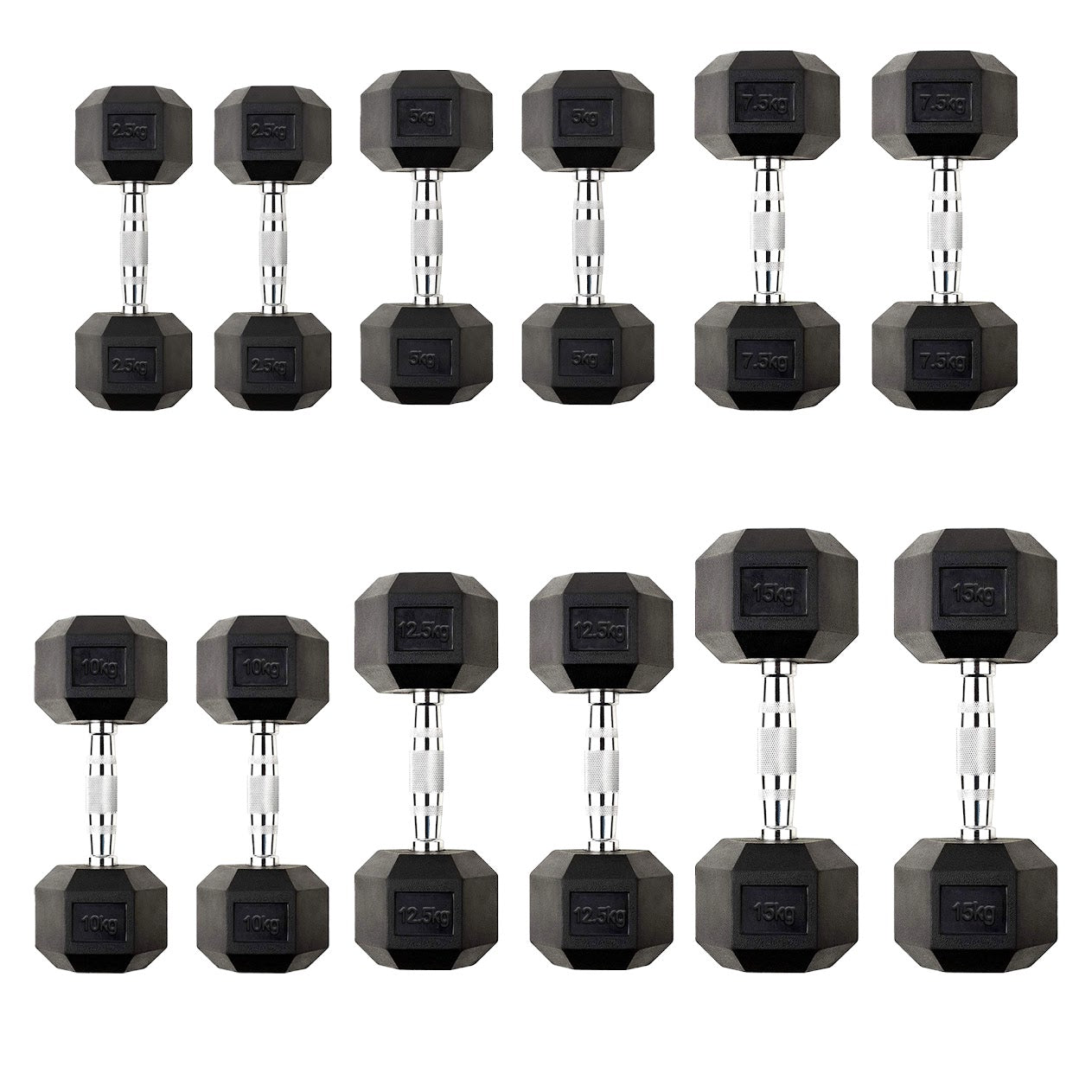 Hex Dumbbells 2.5 kg–60 kg Pairs & Sets – Rubber‑Coated Anti‑Roll Weights with Knurled Chrome Handles – Complete Strength Training Range for Home & Studio Gym
