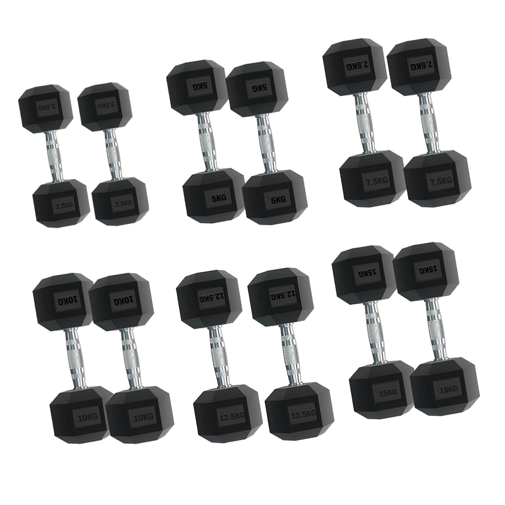 6-Pair Hex Dumbbell Set 2.5kg–30kg with Optional Tier 6 Rack – Rubber-Coated Anti-Roll Weights & Compact Storage for Home, Studio, or Garage Gym Strength Training