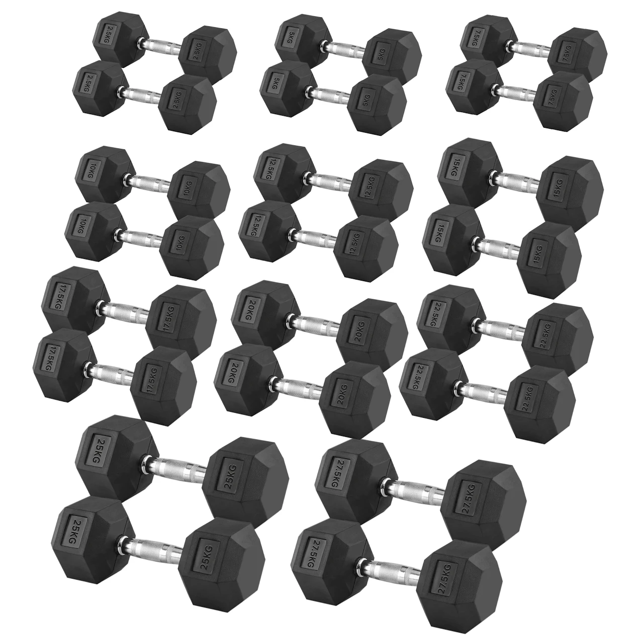 Hex Dumbbells 2.5 kg–60 kg Pairs & Sets – Rubber‑Coated Anti‑Roll Weights with Knurled Chrome Handles – Complete Strength Training Range for Home & Studio Gym