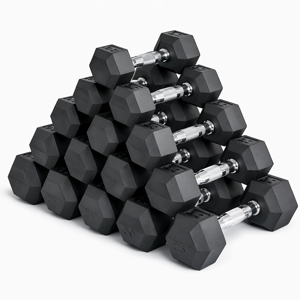 Hex Dumbbells 2.5 kg–60 kg Pairs & Sets – Rubber‑Coated Anti‑Roll Weights with Knurled Chrome Handles – Complete Strength Training Range for Home & Studio Gym