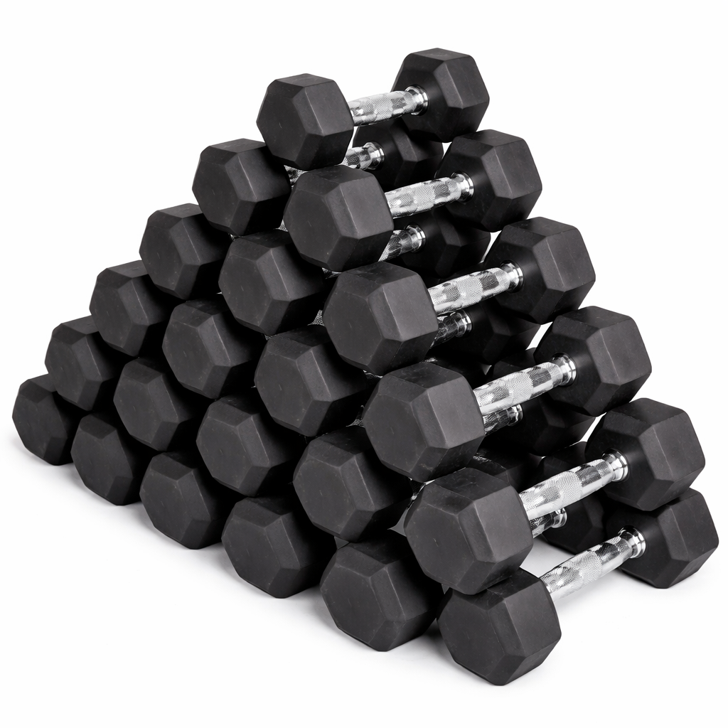 Hex Dumbbells 2.5 kg–60 kg Pairs & Sets – Rubber‑Coated Anti‑Roll Weights with Knurled Chrome Handles – Complete Strength Training Range for Home & Studio Gym