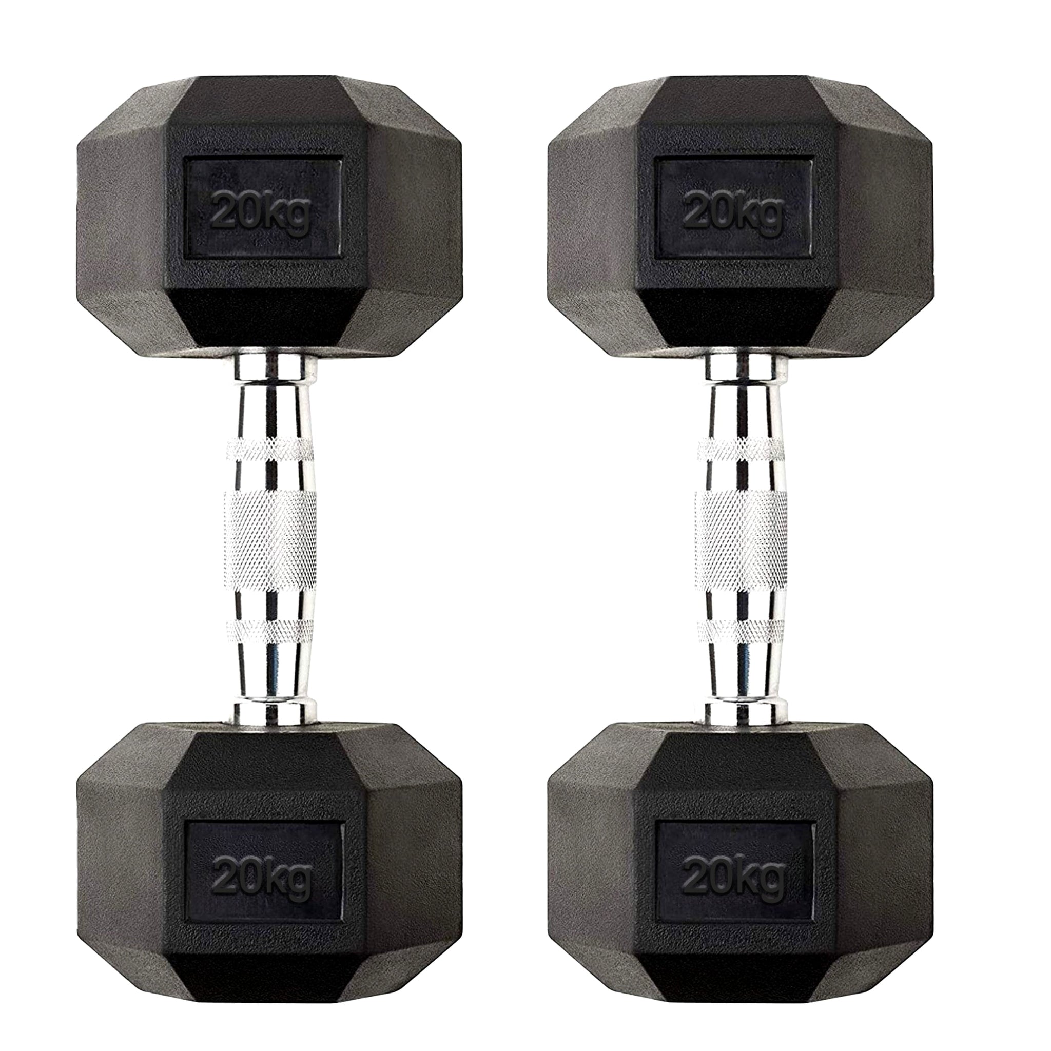 Rubber Coated Anti Roll 20kg Hex Dumbbell Pair – Cast Iron with Chrome Knurled Handles – Heavy Duty Weights for Home Gym Strength Training