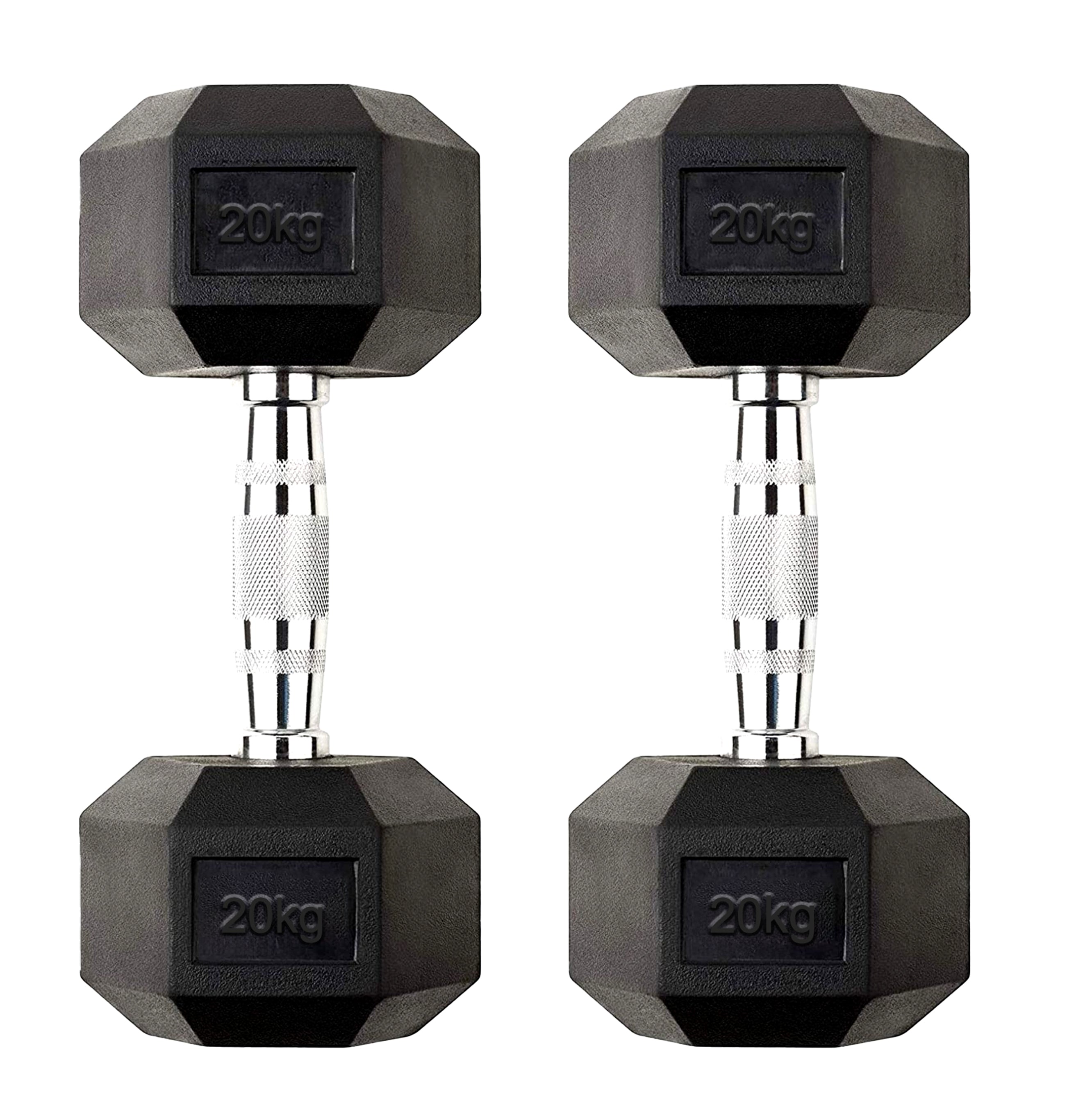 Rubber Coated Anti Roll 20kg Hex Dumbbell Pair – Cast Iron with Chrome Knurled Handles – Heavy Duty Weights for Home Gym Strength Training
