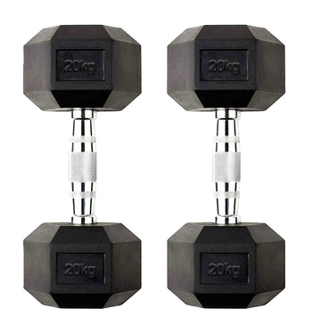 Rubber Coated Anti Roll 20kg Hex Dumbbell Pair – Cast Iron with Chrome Knurled Handles – Heavy Duty Weights for Home Gym Strength Training