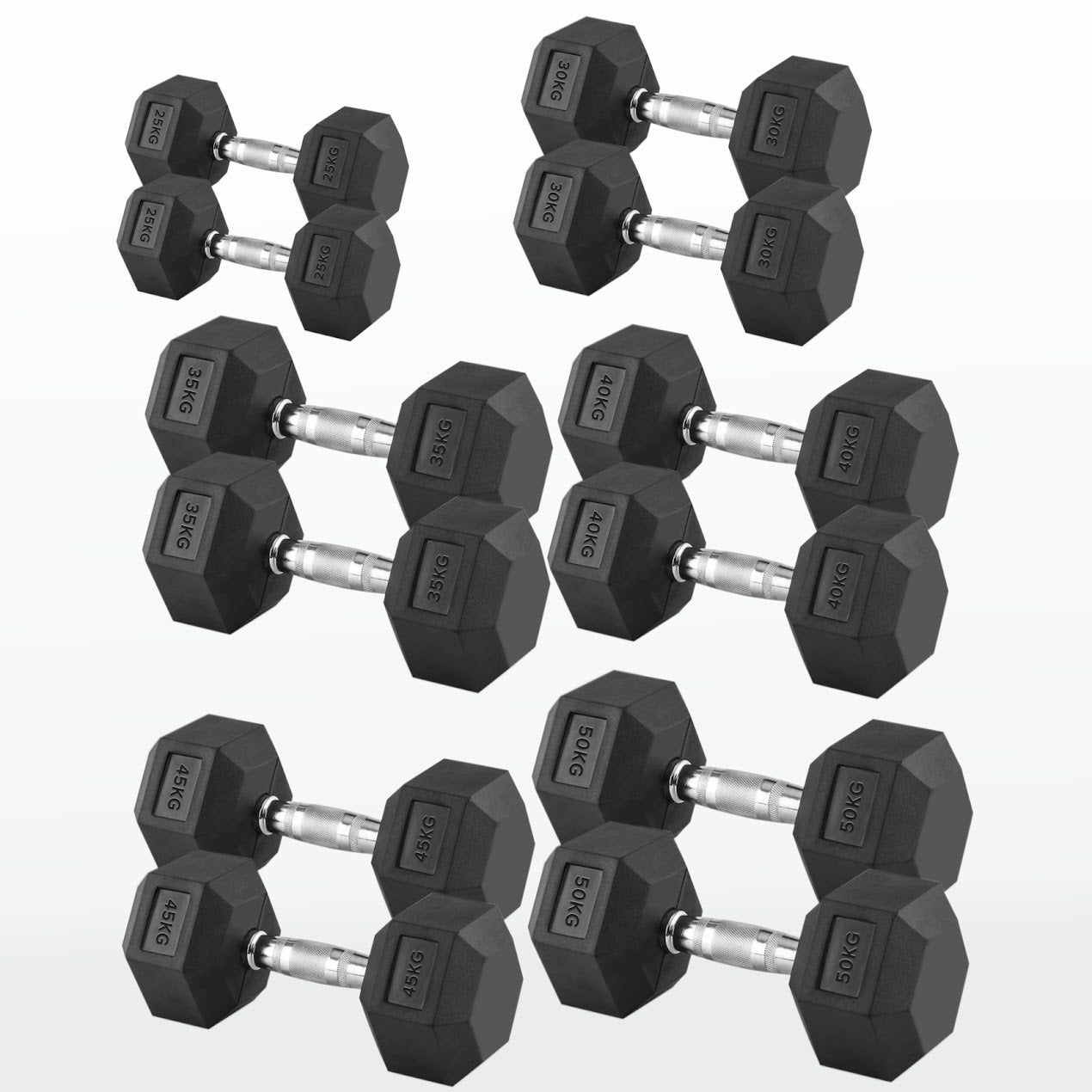 Hex Dumbbells 2.5 kg–60 kg Pairs & Sets – Rubber‑Coated Anti‑Roll Weights with Knurled Chrome Handles – Complete Strength Training Range for Home & Studio Gym