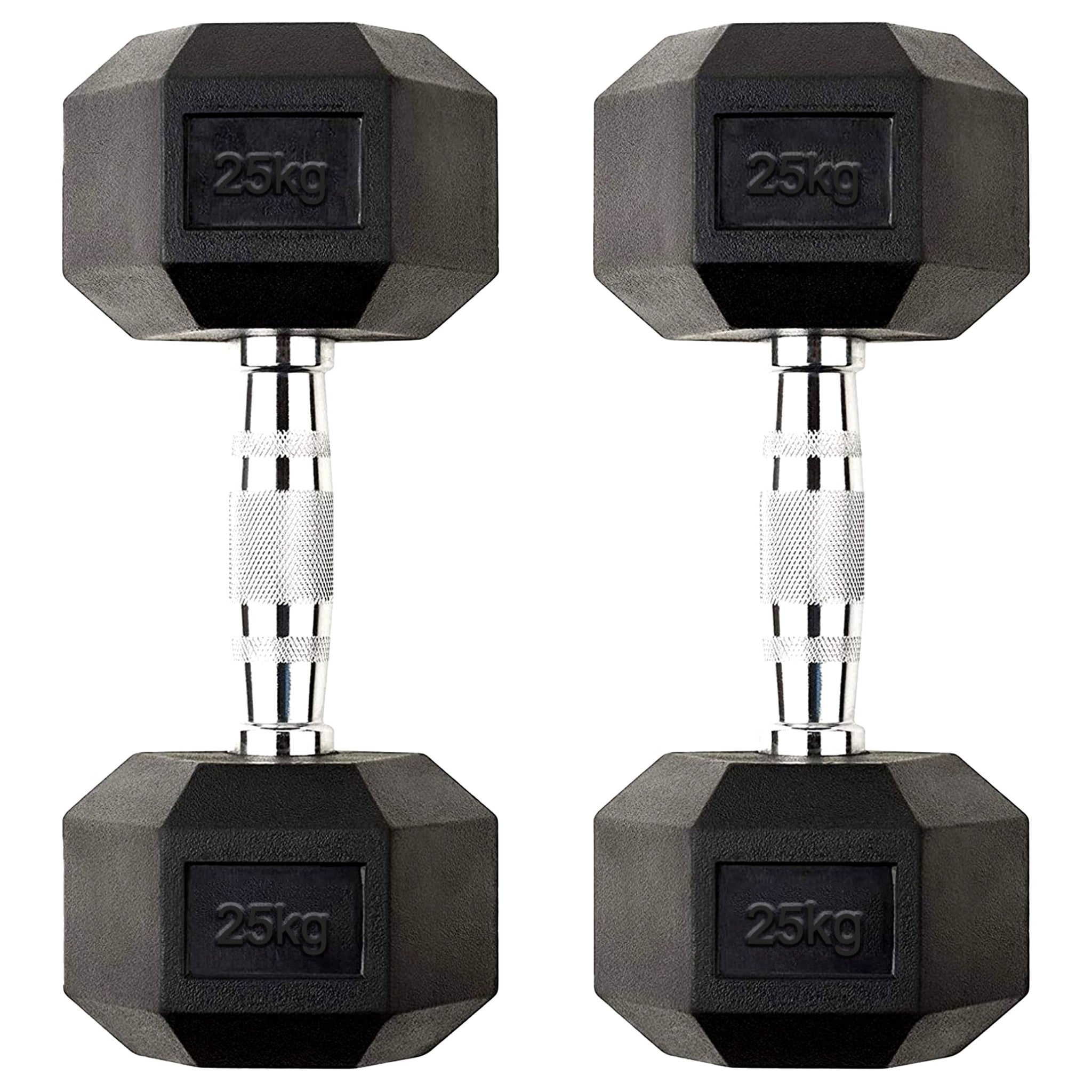 Rubber Coated Cast Iron Hex Dumbbells 25kg Set – Anti Roll Design with Knurled Chrome Handles for Home Gym Strength and Weight Training