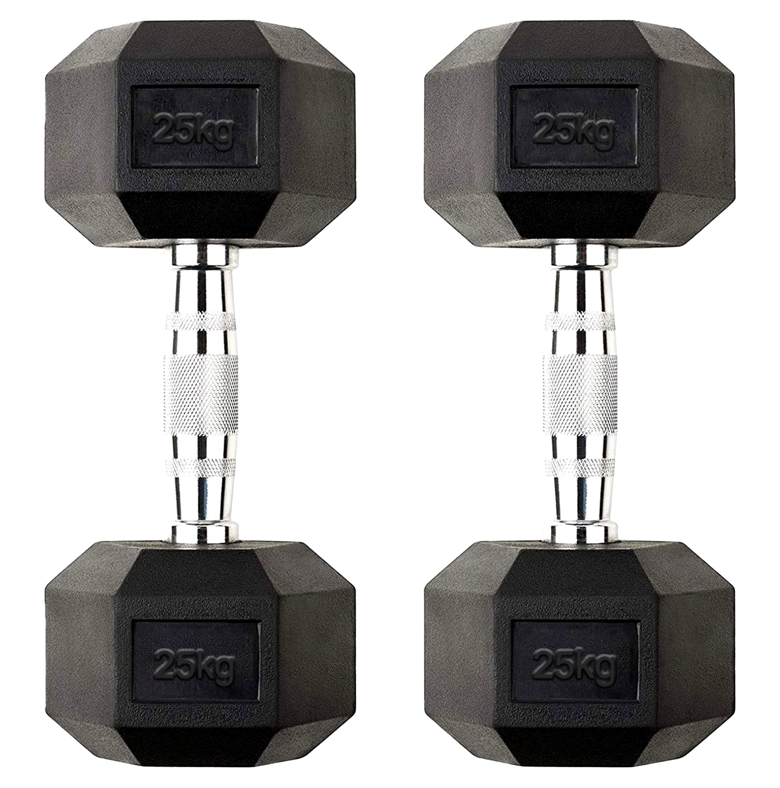 Rubber Coated Cast Iron Hex Dumbbells 25kg Set – Anti Roll Design with Knurled Chrome Handles for Home Gym Strength and Weight Training