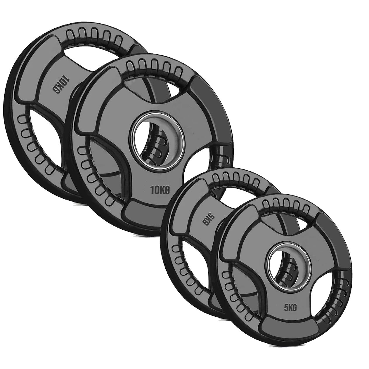Olympic Weight Plates with Tri-Grip – Cast Iron Core, Black Rubber Coating, 2” Center Hole, Ergonomic Design for Home Gym Strength Workouts